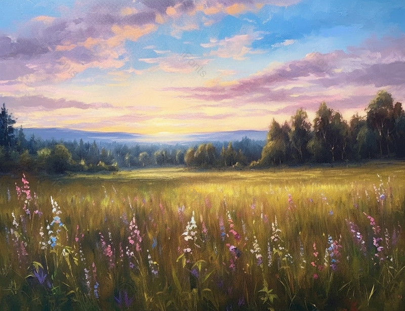 春天夏天天气晴朗广阔的森林中的草地上野花花簇花朵盛开手绘油画插画,插画/手绘图,插画/手绘图库,插画/手绘图下载,插画/手绘